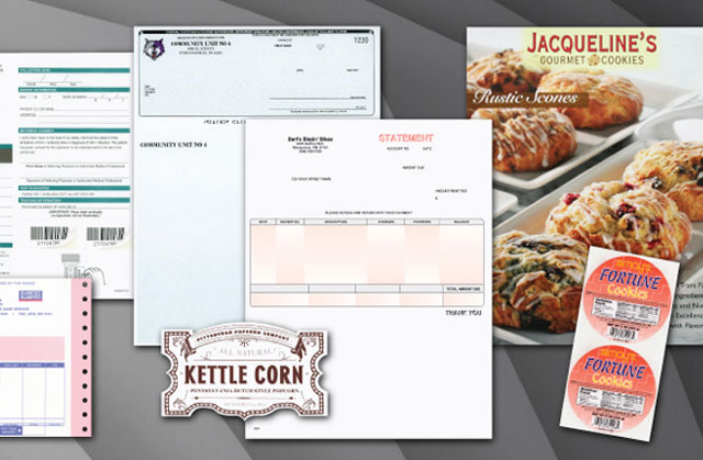 Printed products: hang tags, labels, business forms, envelopes and available in 1 to 4 color printing